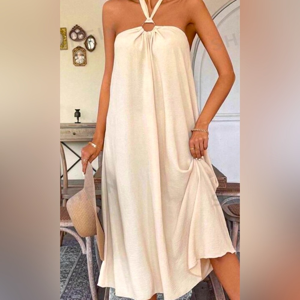 NWOT Shein elegant ivory flowy midi halter dress